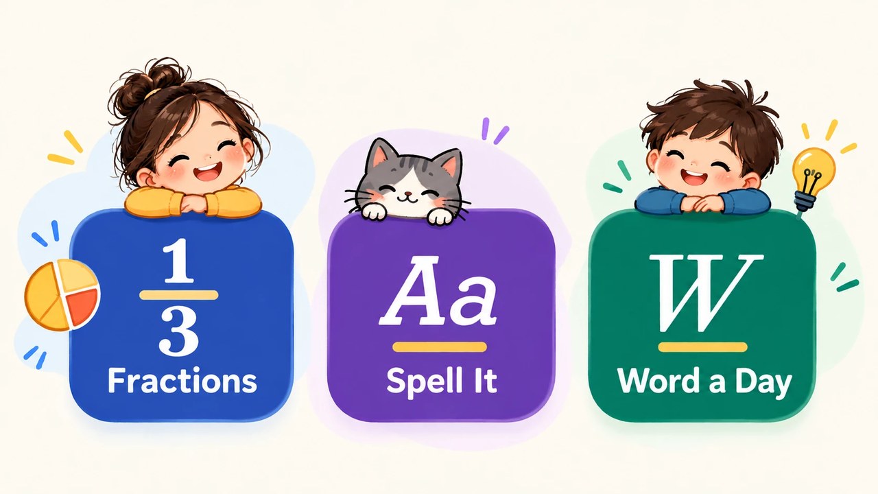 Three app tiles — one third for fractions, Aa for spelling, W for a word a day — with two children and a cat looking over them